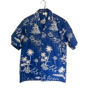 Vintage Royal Creations Hawaiian Shirt Blue Island Map AOP Palm Tree sz small
